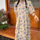 Short-sleeve Floral Print Midi Dress Purple Flowers - Almond - One Size