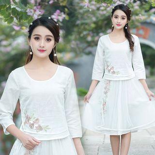 Set: 3/4-sleeve Embroidered Top + A-line Skirt