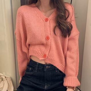 Plain Cropped Knit Cardigan Pink - One Size