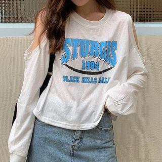 Long-sleeve Lettering Cold-shoulder T-shirt