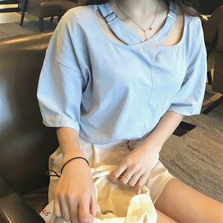 Plain Loose-fit Cross-straps Short Sleeve T-shirt