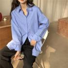 Long-sleeve Striped Loose-fit Shirt Blue - One Size