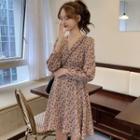 Long-sleeve Floral Mini A-line Dress / Faux Leather Jacket