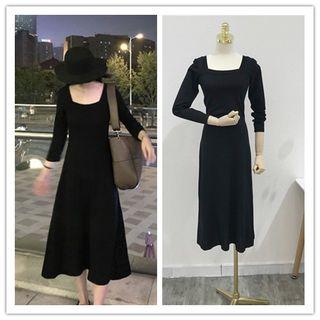 Long-sleeve Midi A-line Knit Dress Black - One Size