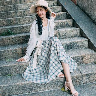 Set: Sailor Collar Blouse + Plaid Midi A-line Skirt