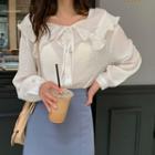 Ruffle Long-sleeve Loose-fit Blouse White - One Size