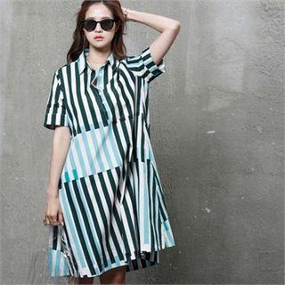 Half-placket Stripe Boxy Shirtdress