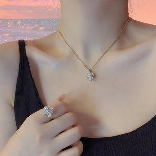 Clover Rhinestone Pendant Alloy Necklace / Clover Rhinestone Alloy Ring / Set