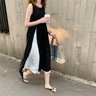 Color Block Panel Mock Two-piece Chiffon Over-the-knee Maxi Skirt Black - One Size