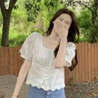 Puff Short-sleeve Square-neck Flower Embroidered Top Off-white - One Size