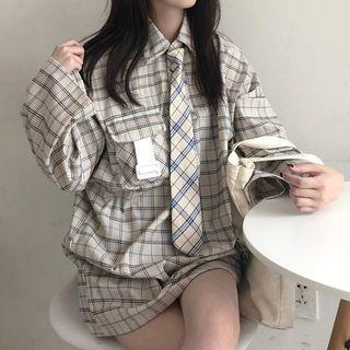 Plaid Half-placket Long Shirt Plaid - Beige - One Size