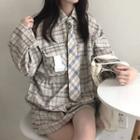 Plaid Half-placket Long Shirt Plaid - Beige - One Size