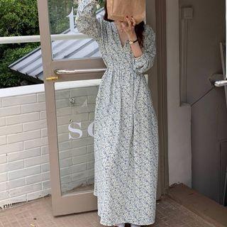 Long-sleeve V-neck Floral Dress Blue - One Size