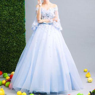 Off Shoulder Elbow-sleeve Wedding Ball Gown