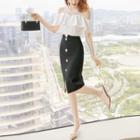 Set: Short-sleeve Cold Shoulder Blouse + Midi Fitted Skirt