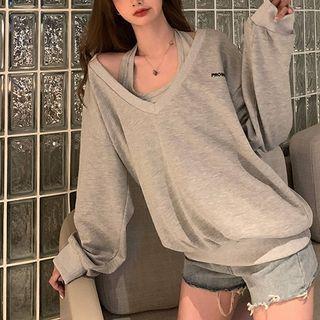 Set: Halter-neck Top + Sweatshirt Set Of 2 - Top & Sweatshirt - Gray - One Size