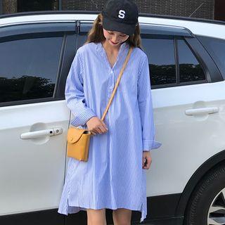 Striped Band Collar Long Shirt