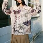Long-sleeve Collared Butterfly Print Frill Trim Blouse