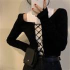 Set: Turtleneck Tank Top + Lace-up Long-sleeve Top Tank Top - White - One Size / Top - Black - One Size