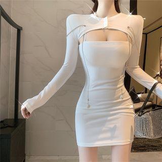 Set: Spaghetti Strap Mini Bodycon Dress + Long-sleeve Cropped Top