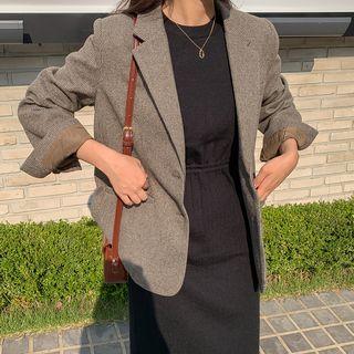 Wool Blend Plaid Blazer Khaki - One Size