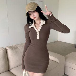 Polo Collar Sheath Dress Dark Coffee - One Size