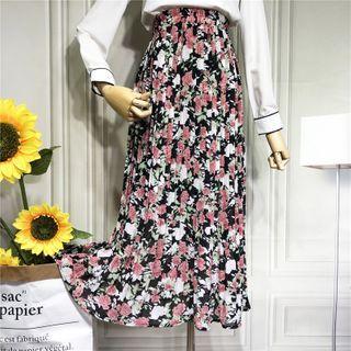 High-waist Floral Print Chiffon Pleated Dress