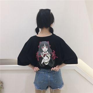 Elbow-sleeve Print T-shirt Black - One Size