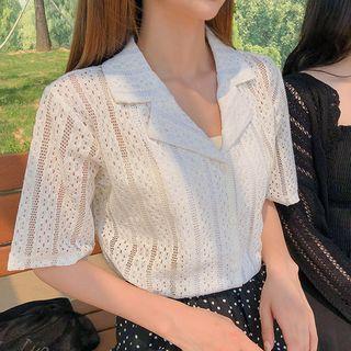 Open-placket Crochet Blouse Ivory - One Size