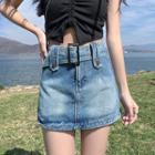 Belt-waist Denim Mini Skirt