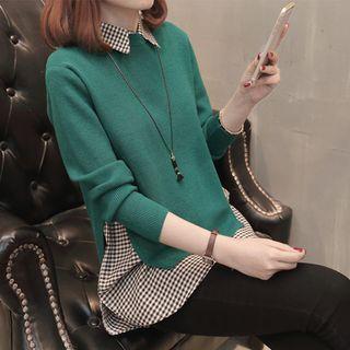 Set: Plain Knit Top + Check Long Sleeve Shirt