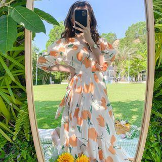 Balloon-sleeve Flower Print Midi A-line Dress