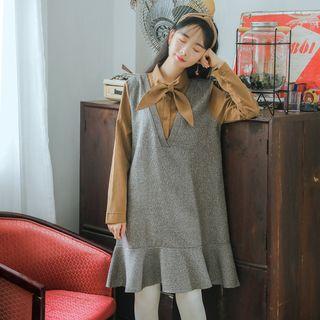 Mock Two-piece Tie-neck Long Sleeve Dress