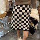 High-waist Checkerboard Knit Skirt Black & White - One Size