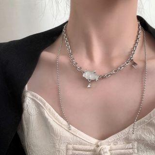 Cloud Faux Cat Eye Stone Pendant Stainless Steel Necklace Silver - One Size