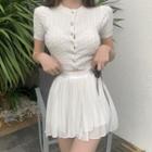 Short-sleeve Cable Knit Cardigan / Pleated Mini A-line Skirt