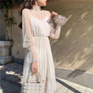 Long Knit Vest / Long-sleeve Dotted Mesh Dress