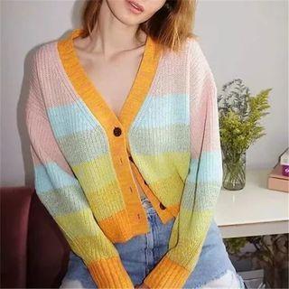 Long Sleeve V-neck Color-block Striped Crop Cardigan Pink - One Size