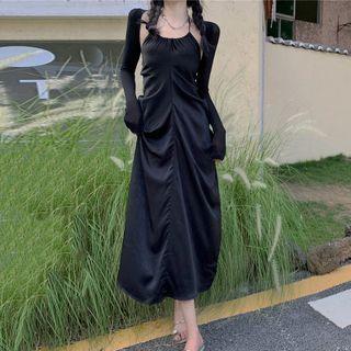 Halter-neck Plain Dress / Long-sleeve Plain Sheer Knit Cardigan