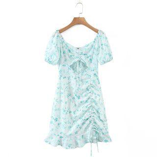 Puff-sleeve Drawstring Cutout Floral Mini A-line Dress