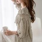 3/4-sleeve Frilled-detail Pattern Blouse