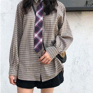 Plaid Tie Accent Long Sleeve Blouse Coffee - One Size