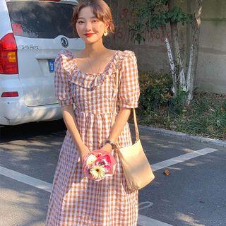 Short-sleeve Ruffled Checker A-line Midi Dress As Shown In Figure - One Size