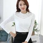Stand-collar Long-sleeve Lace Chiffon Top