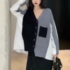 Colored Panel Cardigan Gray & Black & White - One Size