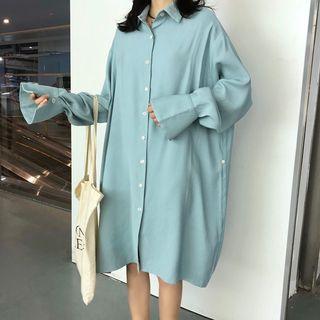 Long-sleeve Plain Collar Button-up High-waist Drawstring Midi Dress