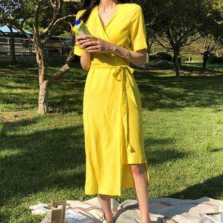 Plain Short Sleeve Wrap Midi Dress