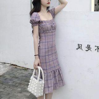 Puff-sleeve Plaid Ruffled Mermaid Dress