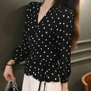 3/4-sleeve Polka Dot Wrap Shirt