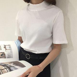 Slim-fit Plain Mock-neck Short-sleeve T-shirt